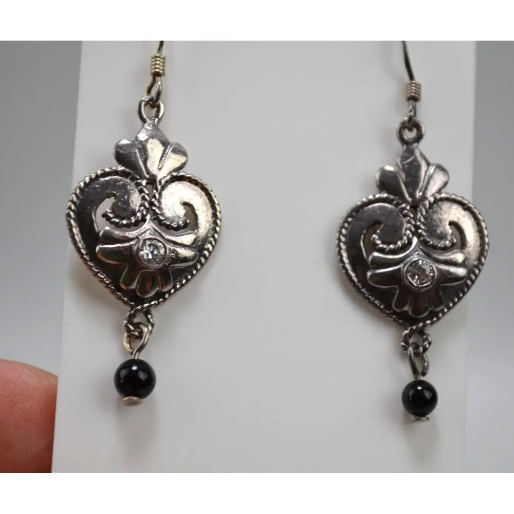 Vtg MC 925‎ Sterling Pierced Dangle Earrings Silver w/ Rhinestone & Black Bead - Picture 2 of 5